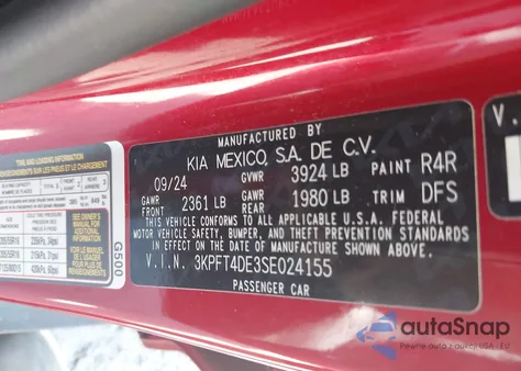 2025 Kia K4 Lxs z USA, uszkodzony, nr VIN 3KPFT4DE3SE024155